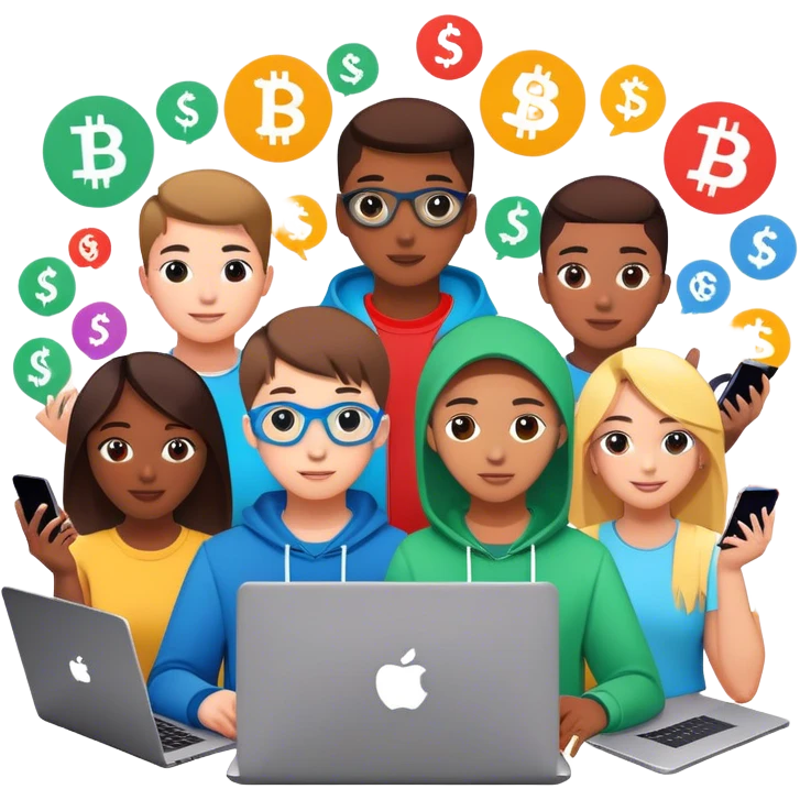 

**Prompt :**  
*"A diverse group of teenagers earning money online, using laptops and smartphones. Surrounding them are dollar signs, cryptocurrency symbols, and social media icons like YouTube and TikTok. The style is colorful and cartoonish, with a vibrant, tech-inspired background."*  

 emoji