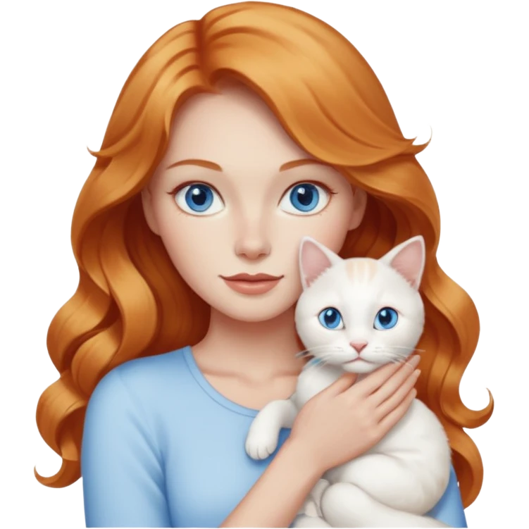 Long wavy strawberry blonde blue eyes woman with a white cat with blue eyes emoji