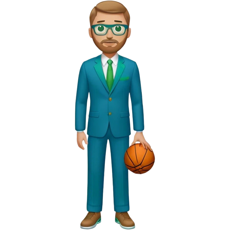 full body White male basketball coach light brown hair, short beard, green/blue eyes wearing glasses and blue and green suit emoji