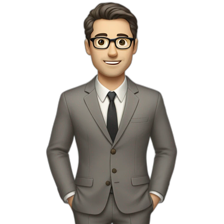 Full height Pale skinned Fit Man With dark brown hair in classic gray suit, beige office shirt, dark gray tie, and vintage glasses. His right hand stretched out emoji