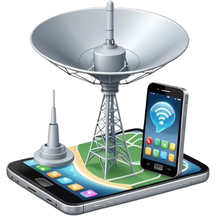 An icon featuring a satellite dish, a cell tower emitting signals, and a smartphone displaying a chat interface. The design includes fiber-optic cables and data waves, symbolizing global communication, connectivity, and information exchange. Transparent background. emoji