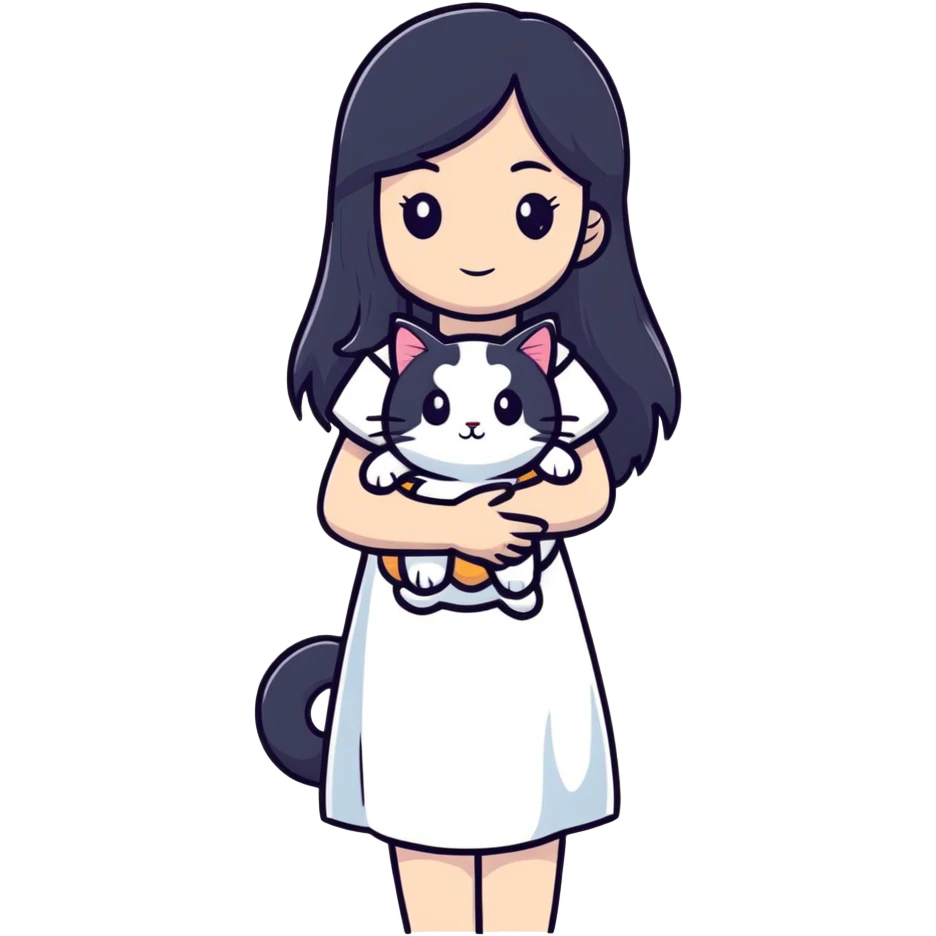 beautiful girl with long black hair wearing a white dress holding a cat in her arms emoji