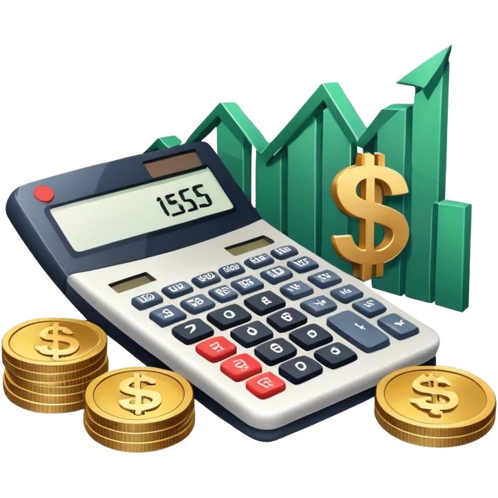 An icon featuring a calculator, a dollar sign, and a chart with upward trends, symbolizing economics. The design includes coins, bills, and a globe, representing global trade and financial systems. Transparent background highlights the study of markets, supply, and demand. emoji