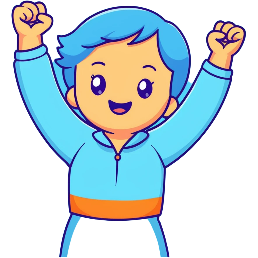 girl wearing pastel blue clothes with arms raised in joy making a hurray celebration gesture emoji