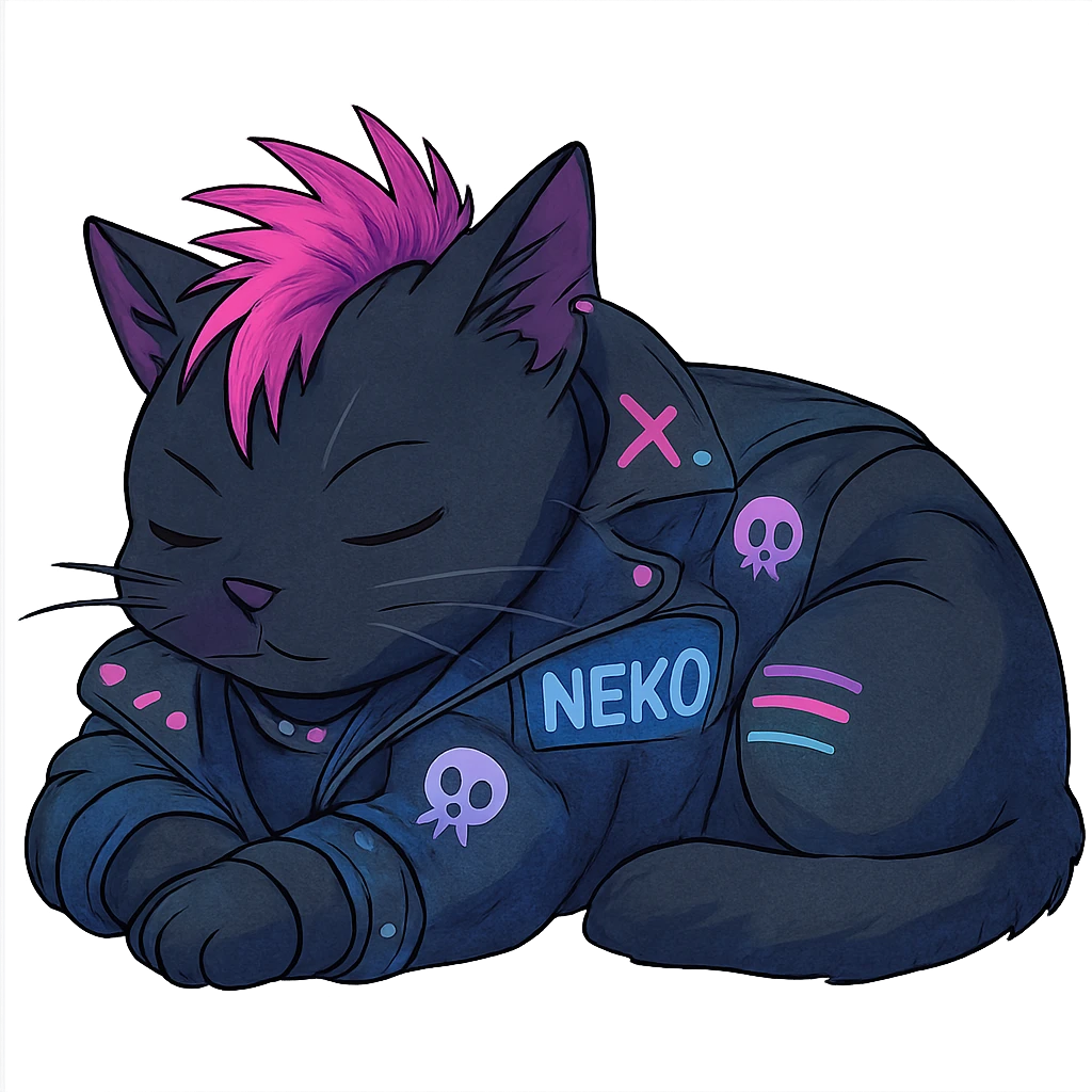  a cat laying down his head to nap, punk gothic style, futuristic cyberwave cyberpunk, sitting position emoji
