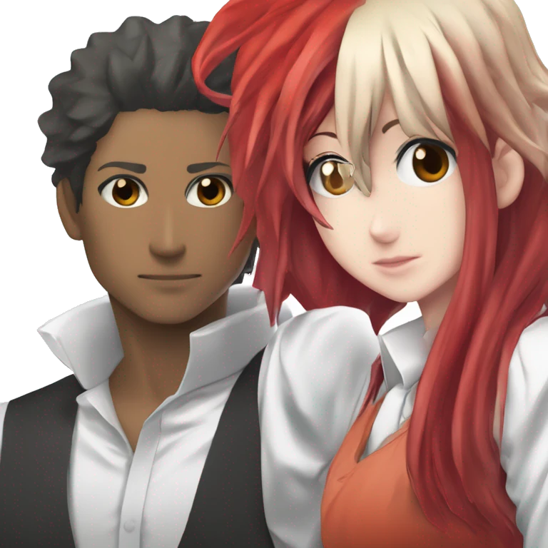 Create a dynamic and emotionally charged illustration featuring two characters from the anime/manga "Chainsaw Man":

1. **Makima**:
   - Appearance: Elegant and composed, with long, flowing hair and her signature red outfit. emoji