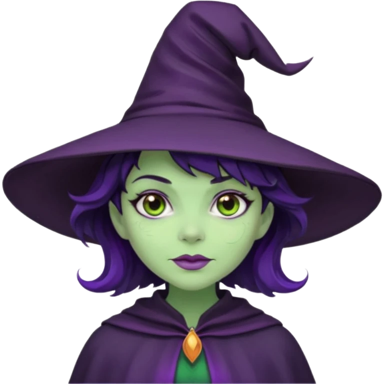 Halloween witch with purple witch hat and black short wavy witch hair
, green skin. emoji