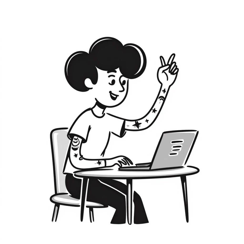 Cool female rockstar musician with arm tattoos and alternative hairstyle, sitting at desk with laptop, raising hand in class, smiling confidently emoji