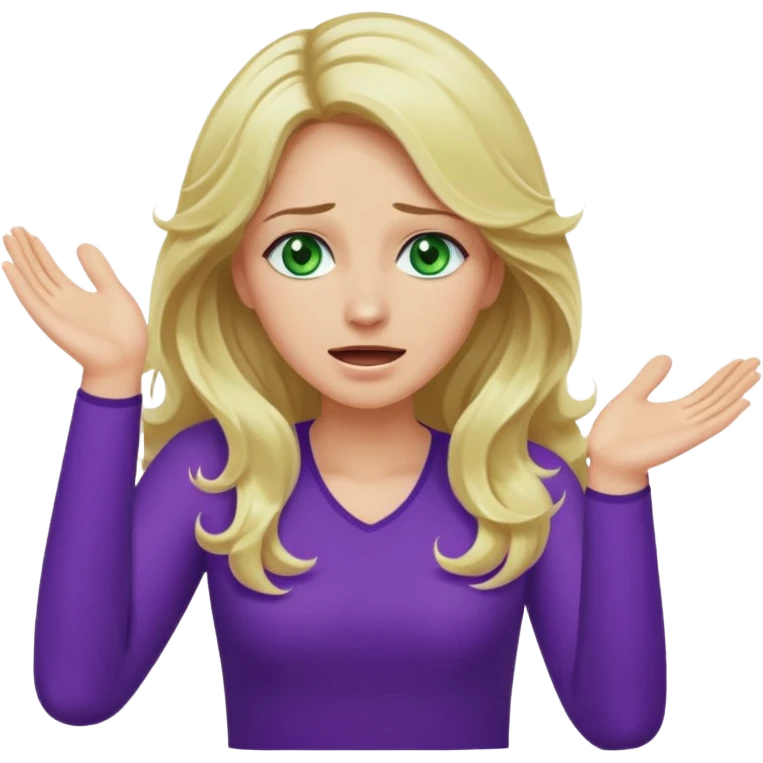 lady with long wavy blonde hair, purple top, green eyes, throwing her hands in the air crying emoji