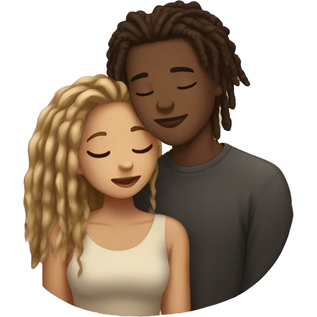 Brown skinned young man with dreadlocks and young woman with beige skin and straight dark blonde hair kissing. Closed eyes emoji