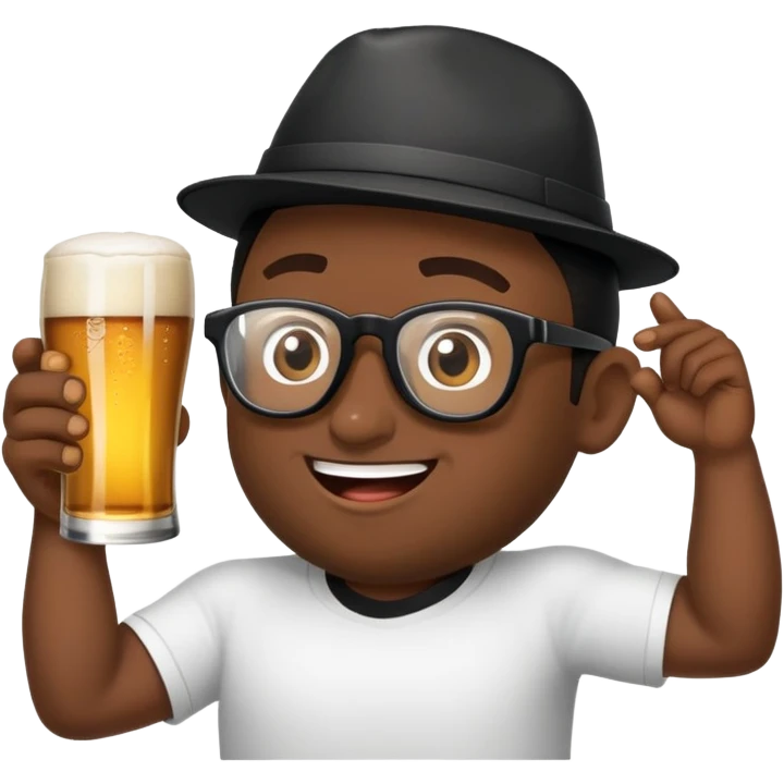 criar emoji de homem loiro com óculos escuros pretos esportivos, lata de cerveja na mão e boné preto na cabeça sorrindo emoji