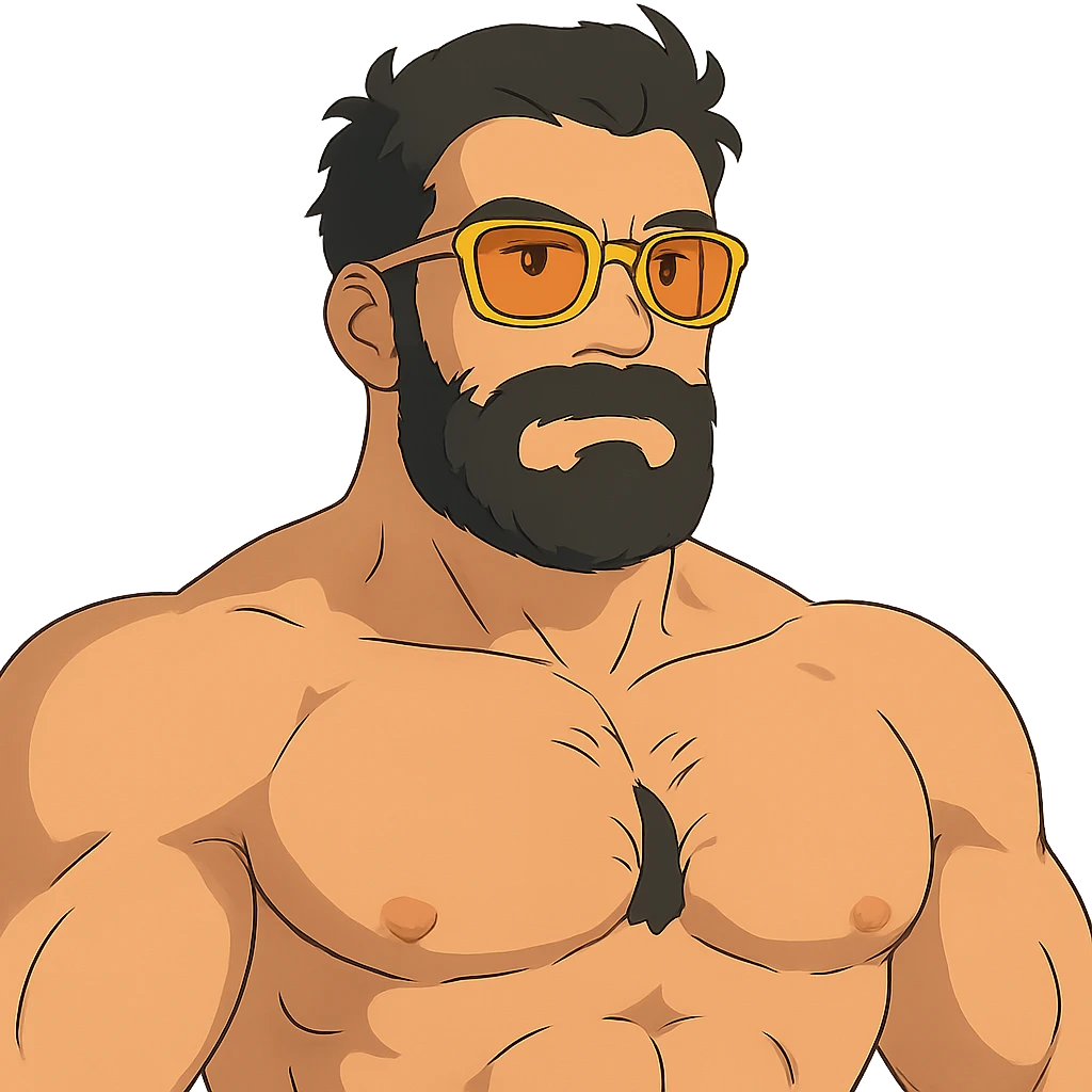 muscular man with black beard wearing yellow sunglasses emoji