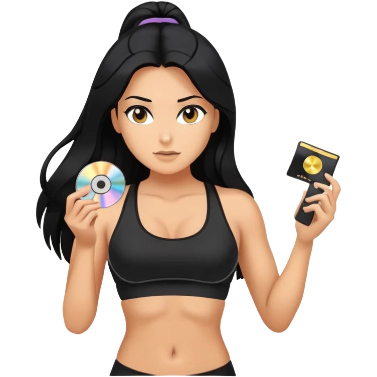 glasses, long black hair tanned woman, black sports bra, sexy, hot, data analysis, holding a cd  and memory stick emoji