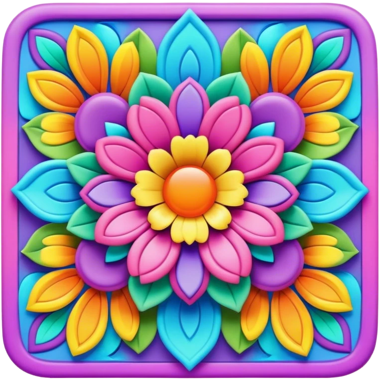 Create a 3D ultra detailed psychedelic colored square shaped hippie style flower border emoji