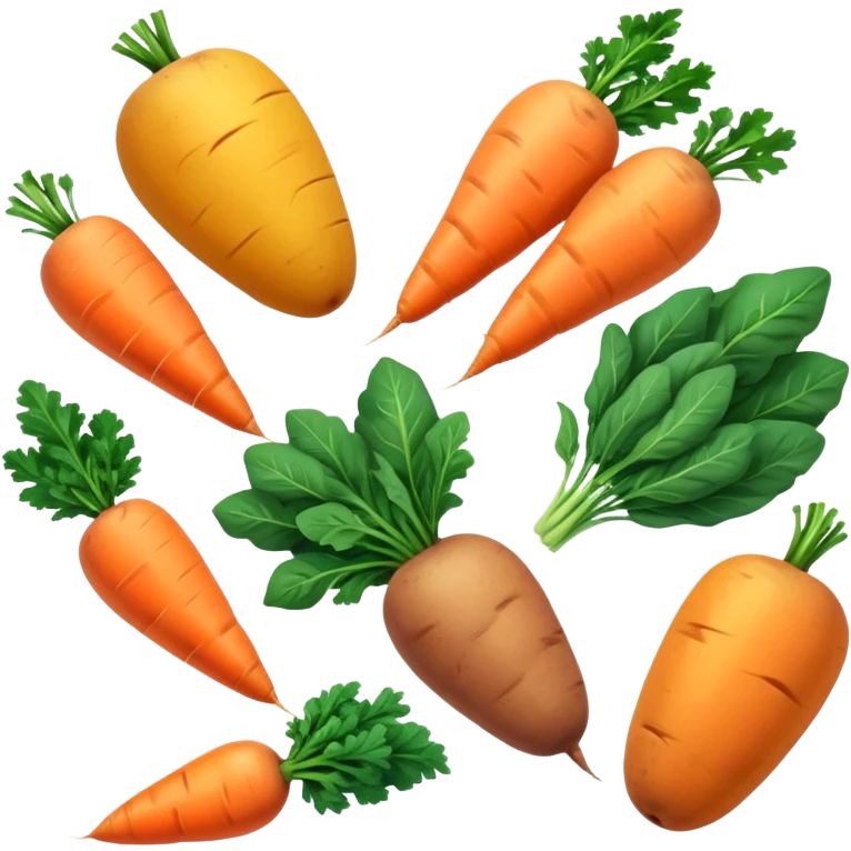 Plant sources of vitamin A (carotenoids): carrots, sweet potatoes, spinach, kale, mangoes, and apricots glowing with a soft orange-yellow light representing their provitamin A content that needs to be converted by the body. emoji