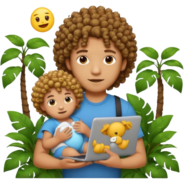 a guy with curly hair in the middle of the jungle holding a baby doll and a laptop, emoji style, more focus on the jungle background emoji