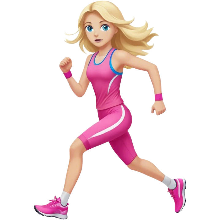 A cinematic realistic blonde with long hair and blue eyes, dressed in a pink sports outfit, runs emoji