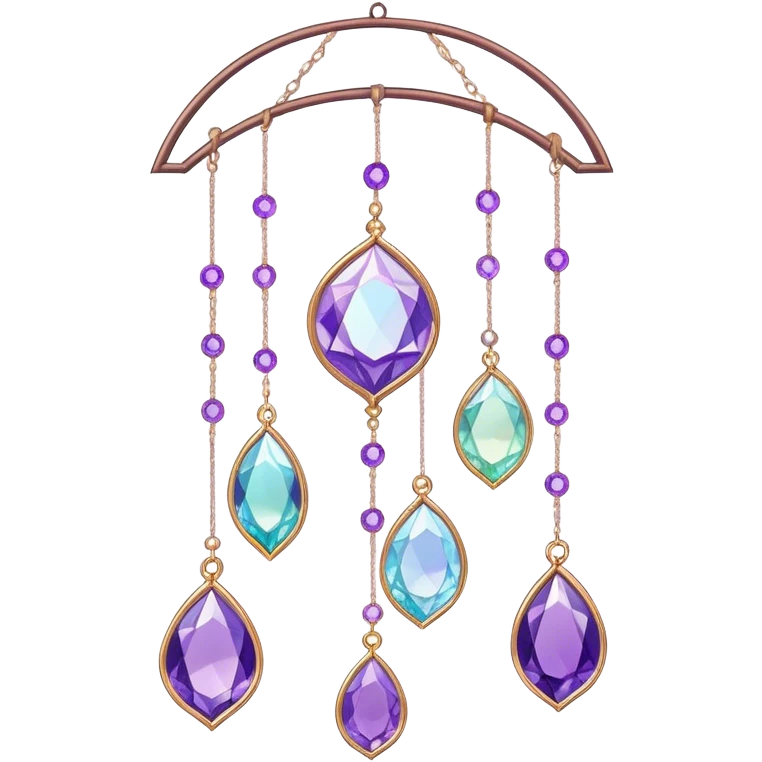 Hanging colorful pastel suncatcher, threads with shiny sparkly amethyst gemstones,  emoji