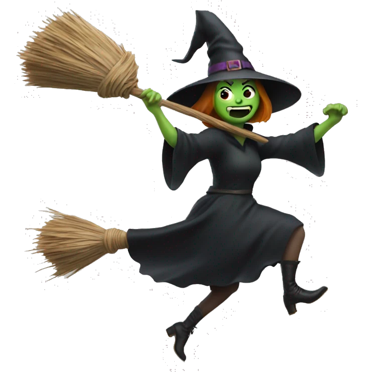 Scarry witch, flying to the left on a broom emoji