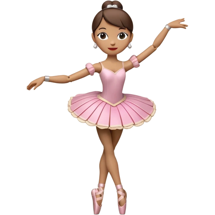 3D render of Ballerina Puppet as a wooden marionette puppet, Wood joints at knees, dancing pose, silver metal screw joints at elbows and knees, polished brown wood texture, rigid toy pose, Apple emoji style, isolated on white background --v 6.0. emoji