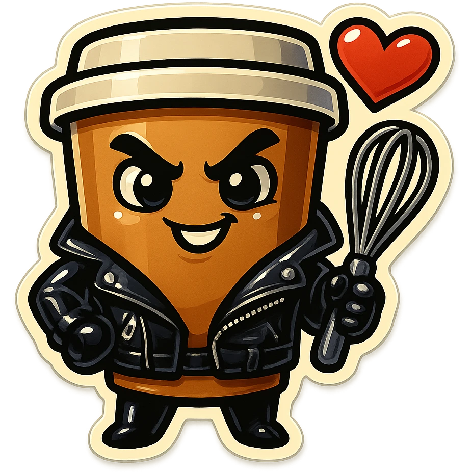Tall coffee cup, dressed in leather holding a whipping paddle, mischevious, heart emoji