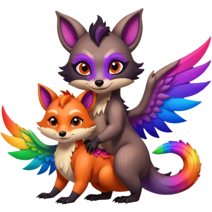 black female raccoon dragon hybrid with rainbow colored wings and purple eyes hugging a red female fox dragon hybrid with rainbow colored wings and orange eyes emoji