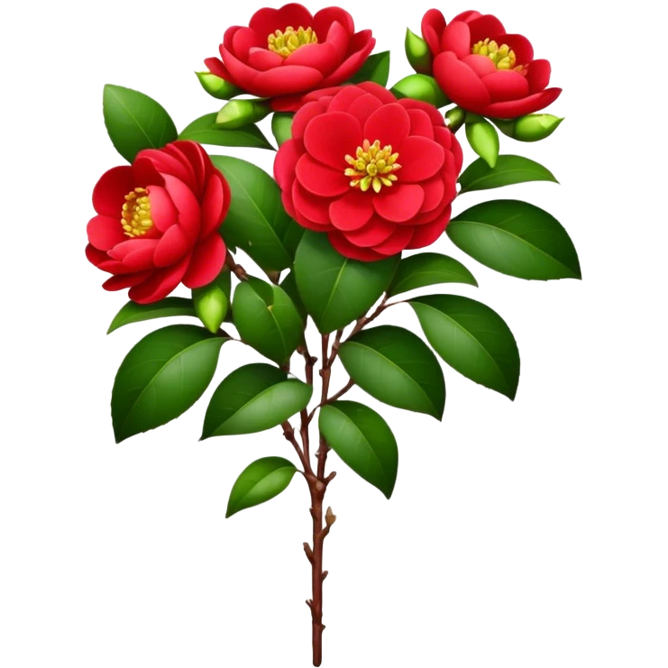 bouquet Red Camellia, luxuriant, stem, leaf, bud emoji