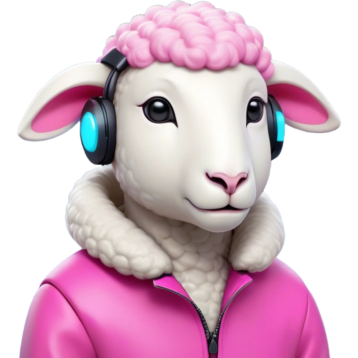 Sheep character with minimalist features and a distinctive high-tech earpiece that wraps around one ear. The earpiece should be sleek, futuristic and glowing in vibrant pink that contrasts with the sheep's clean white body. The sheep has a trendy asymmetrical wool haircut with one side featuring an undercut style. The sheep wears fashion-forward, colored clothing - perhaps a color-blocked jacket in bold hues or a stylish oversized sweater in a trendy shade. Simple, bold shapes with minimal details but with a confident, slightly smirking expression that gives off a true trendsetter vibe - like this sheep is always ahead of the curve and knows it. emoji