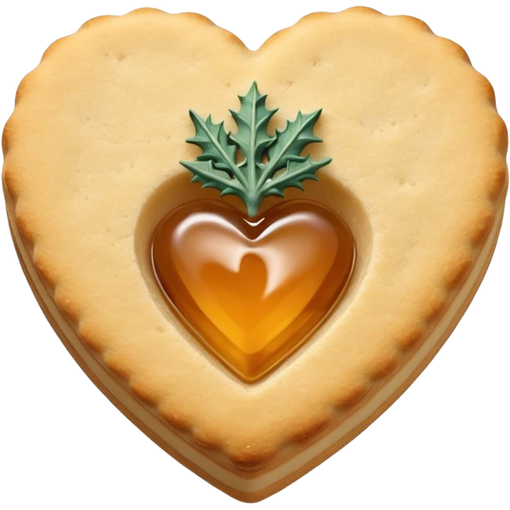 Realistic shortbread cookie in the shape of a heart with Thistle jelly middle filling and sprinkled powder sugar on top. emoji