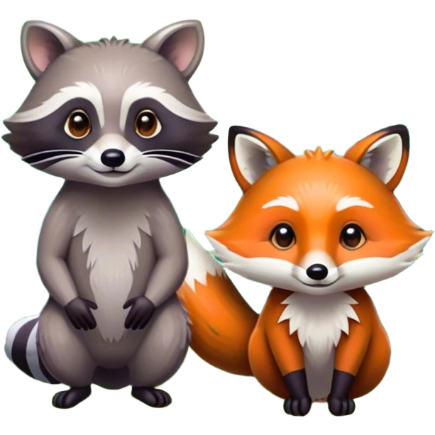 Collage of a raccoon and a fox, in close-up, surrounded by a colorful forest with rich green trees, thick bushes, and vibrant foliage. Sunlight peeks through the branches, casting warm light on the animals. A lively, natural setting with a transparent background. emoji