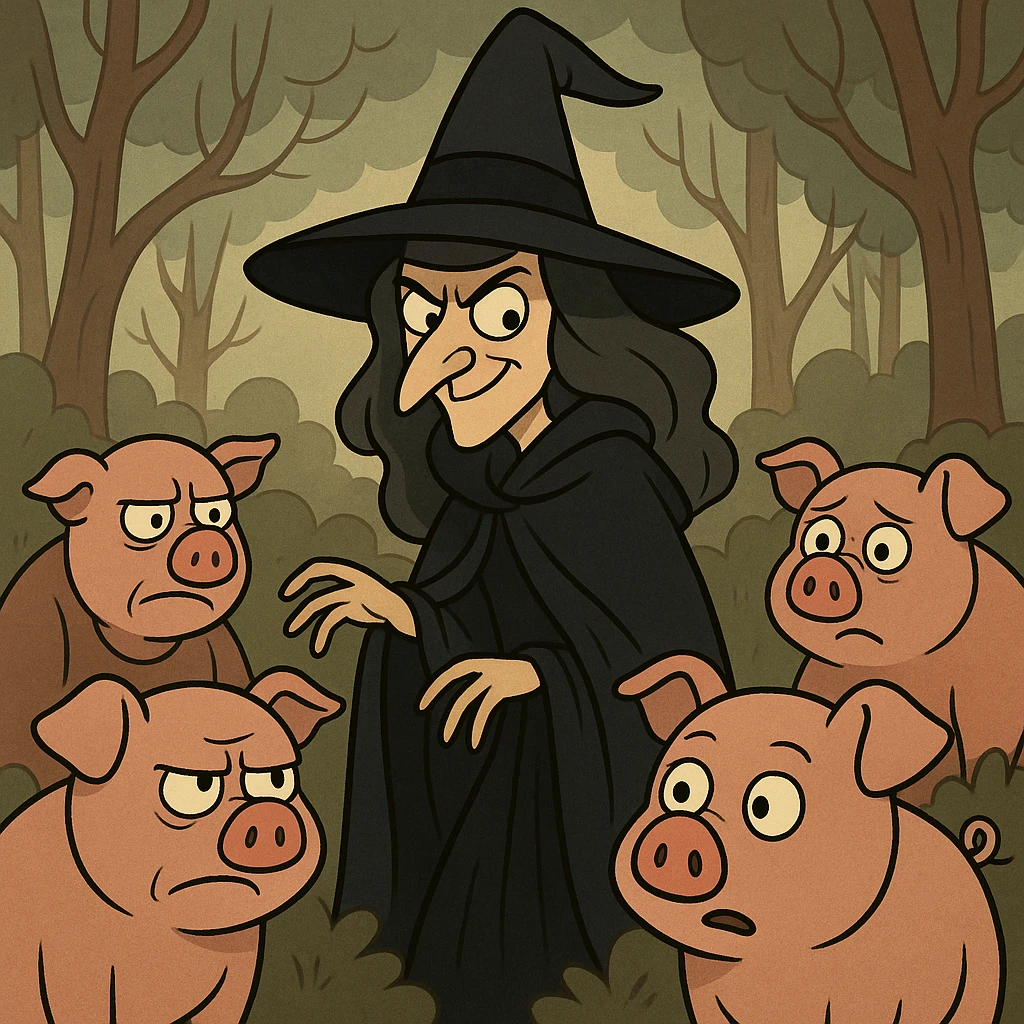witch with pointed hat and cloak surrounded by pigs that were once humans, cartoon style emoji