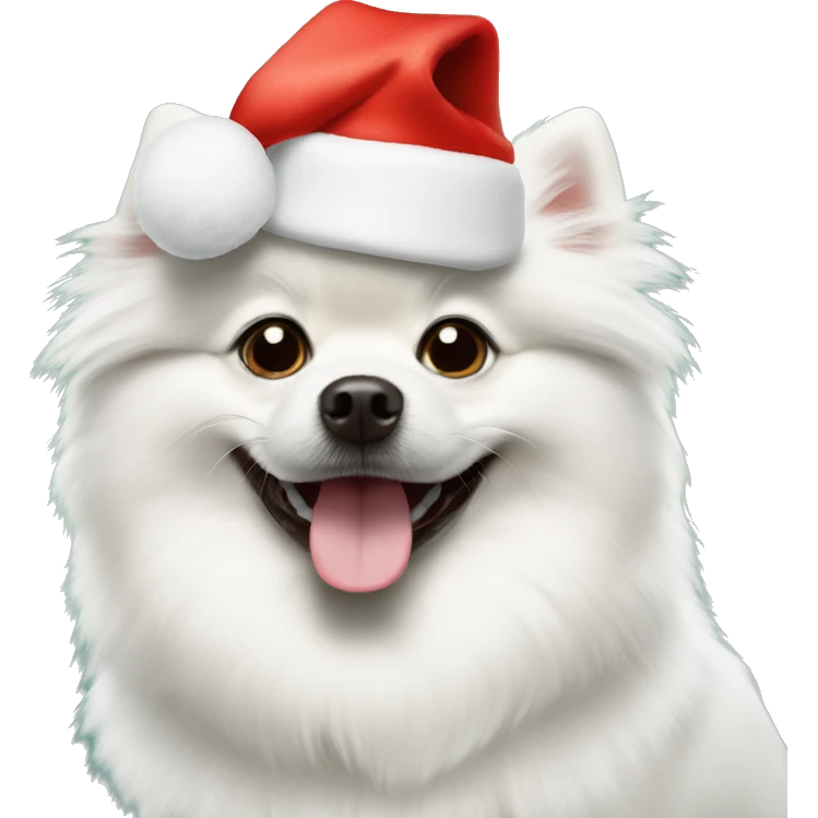 White dog Pomeranian spitzh wearing Christmas hat emoji