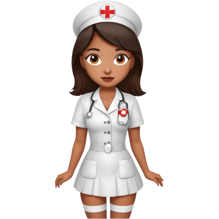 A sexy girl. with caramel skin. Dark brown hair and brown eyes. She has freckles. Wearing sexy makeup. Dressed as a sexy nurse. Full body emoji