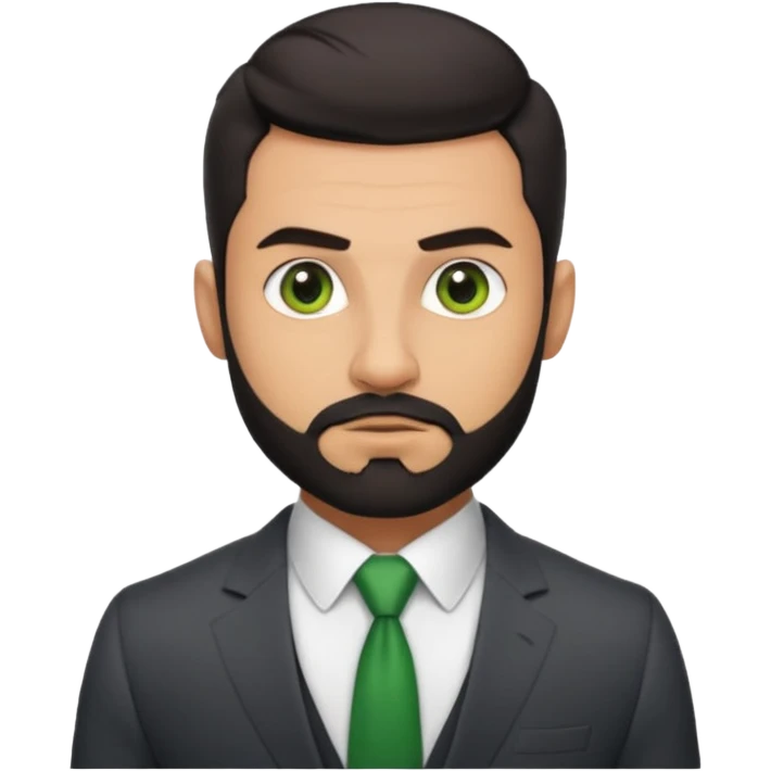 green eyes, dark short hair, muscular shoulders, big lips big nose big eyes, masculine good looking, dark beard wearing a suit buttons of the shirt open and olive skin tone  emoji