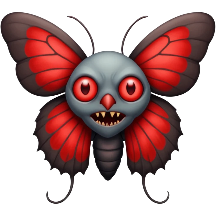 Create a scary emoji of the mothman with bright red eyes and as depicted in the legend. Make it less bird like and more Moth / Human hybrid emoji
