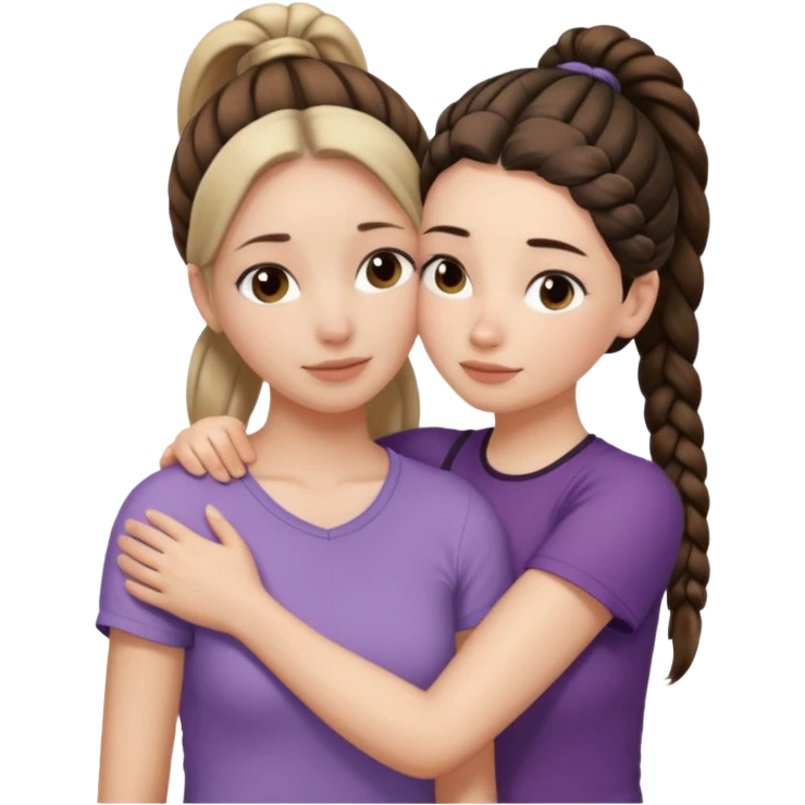 Comforting Hug two white skin women, one shorter woman with medium brown simple top ponytail, not braided, and one taller woman with a single long black side braid emoji