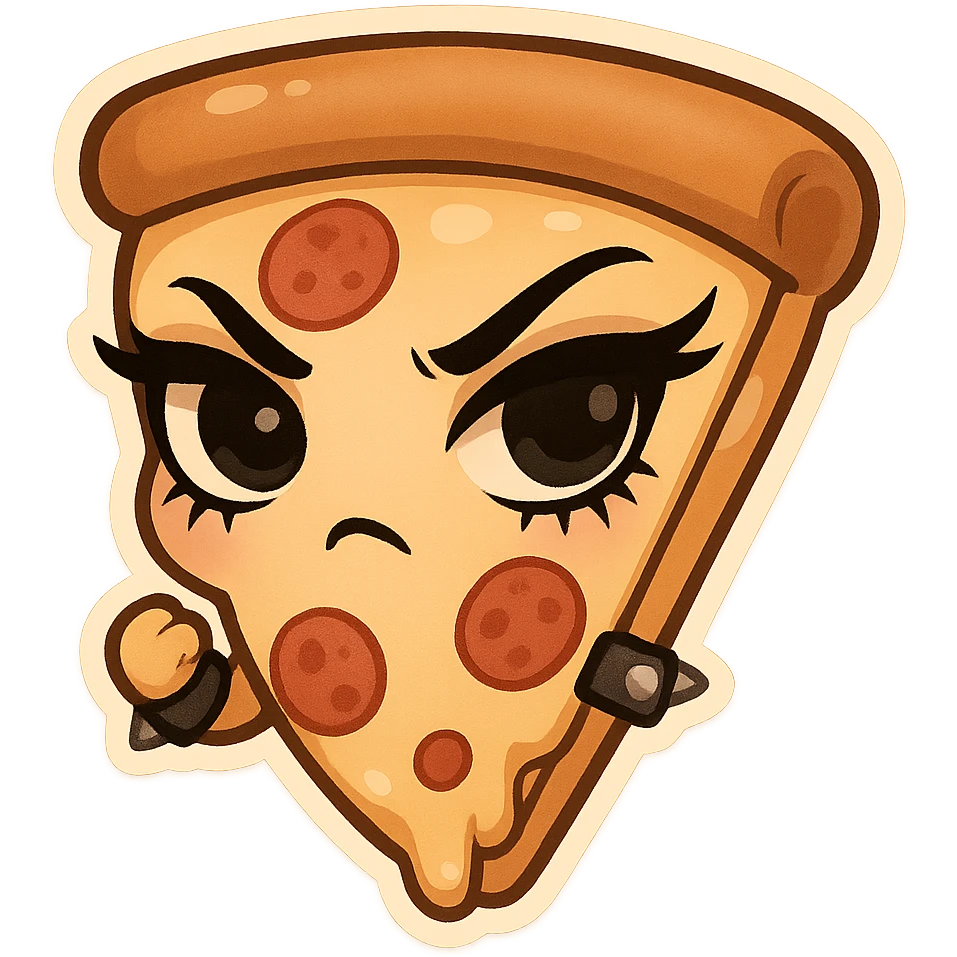 chibi sticker-style slice of pizza with a studded bracelet and dark eyeliner, cute and exaggerated emoji