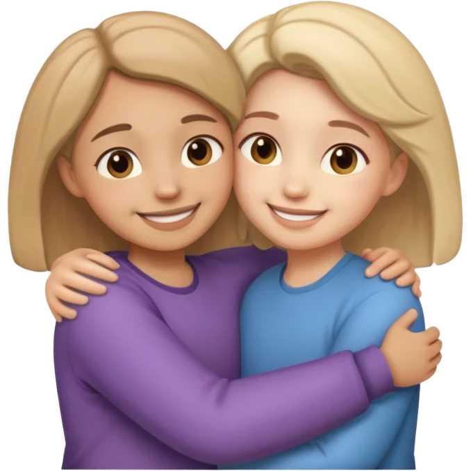 two people hugging side by side, smiling, rounded cute style, soft shading emoji