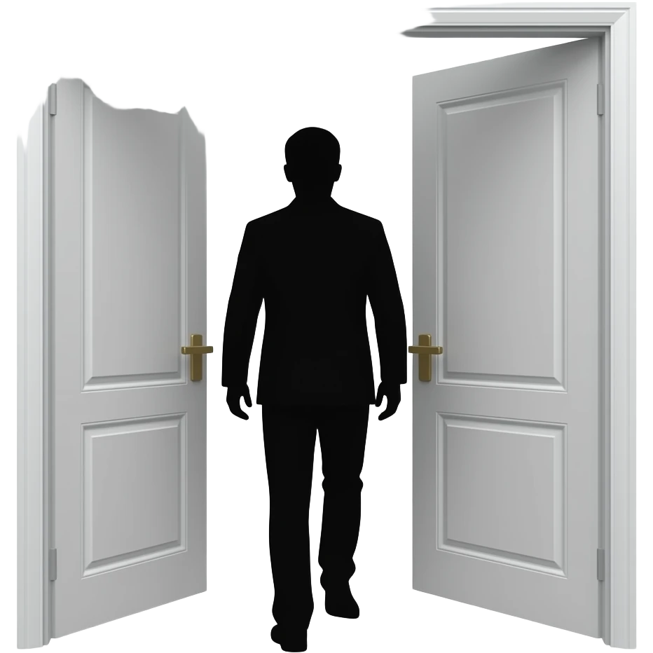 door open with a man silhouette leaving, emotional scene, minimal flat illustration, soft warm tones, simple shapes, consistent style, no background emoji