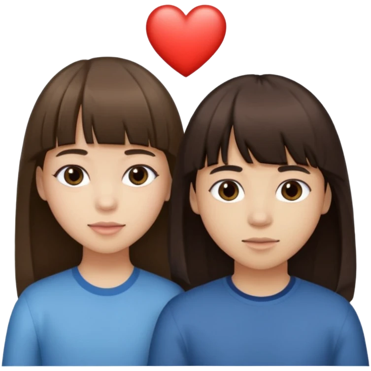 girl brunette with bangs long hair with boy dark brown hair with bangs with straight eyebrows with a light color heart between them. emoji