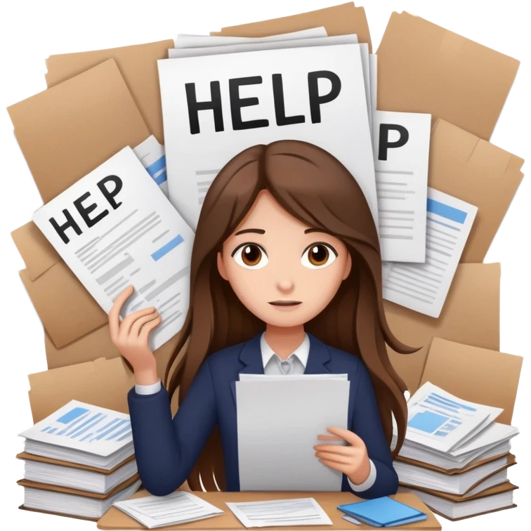 Girl with long brown hair holding a ‘help’ sign while surrounded by messy paperwork elegant  emoji
