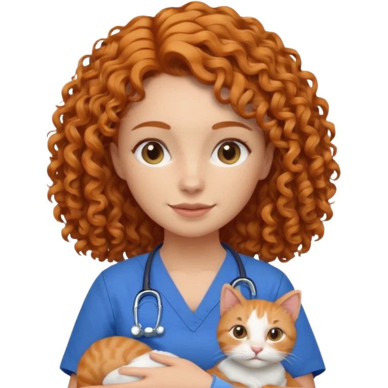 a ginger curly hair vet woman with blue scrub holding a cat emoji
