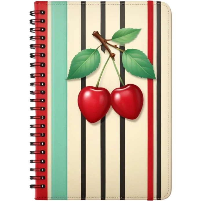 Cute vintage notebook cover, mint and cream vertical stripes, red spine
Hand-drawn cherries with leopard bow, playful feminine aesthetic
Flat illustration, clean composition, soft retro color palette emoji