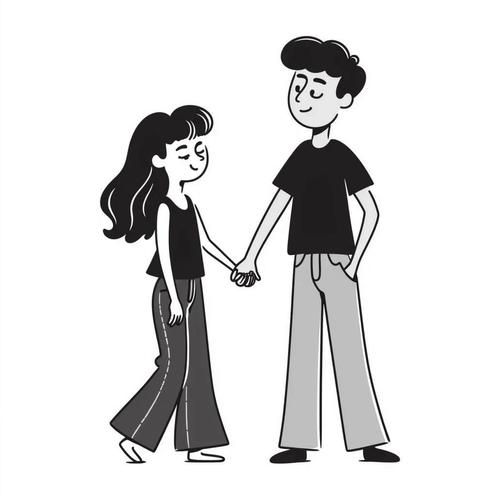 A girl with long brown hair holding the hand of a boy with short black hair, she wearing a black tank top with flared blue jeans, he wearing a black t-shirt with grey jeans, couple in love emoji