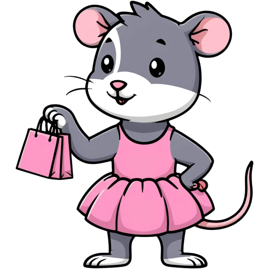rat with a pink dress and tutu holding a black and white striped shopping bag emoji