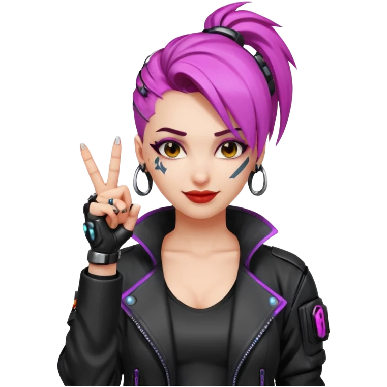 Woman with her tongue out in cyberpunk clothing and giving the middle finger. Looking naughty. emoji