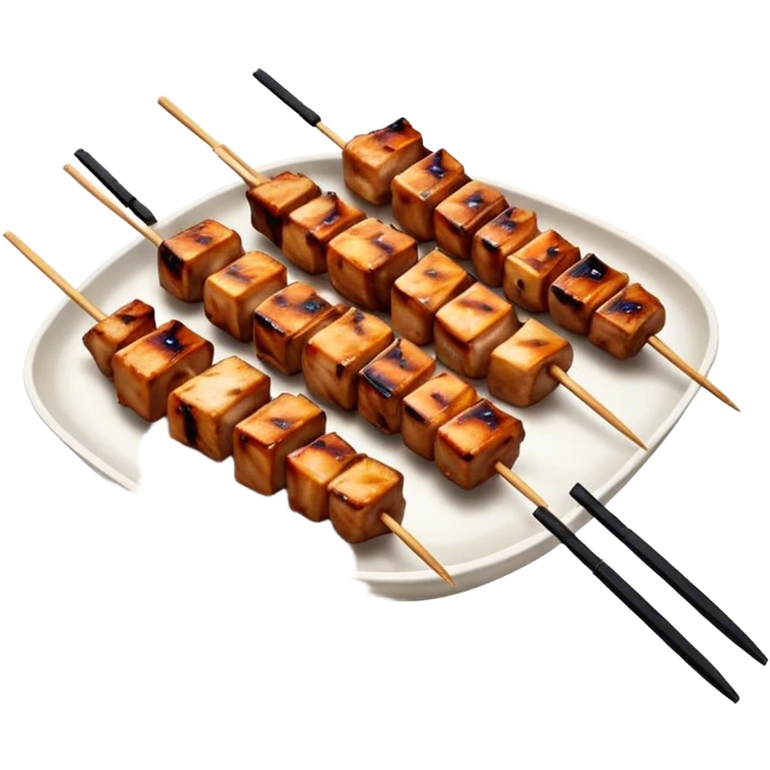 Cinematic Realistic Yakitori Dish Emoji, depicted as skewered, grilled chicken pieces with a charred finish rendered with crisp textures and appetizing, natural lighting. emoji