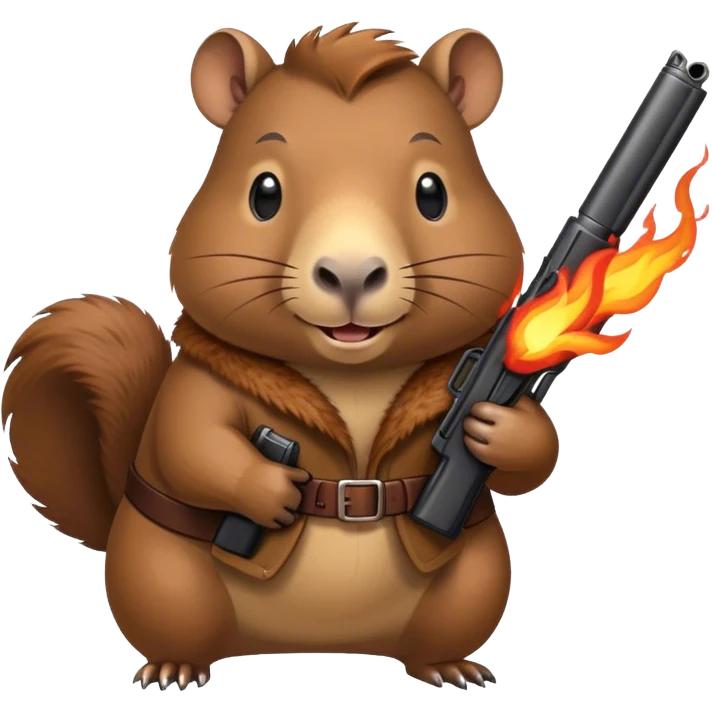  smiiling capibara  with two fire guns in hands  emoji
