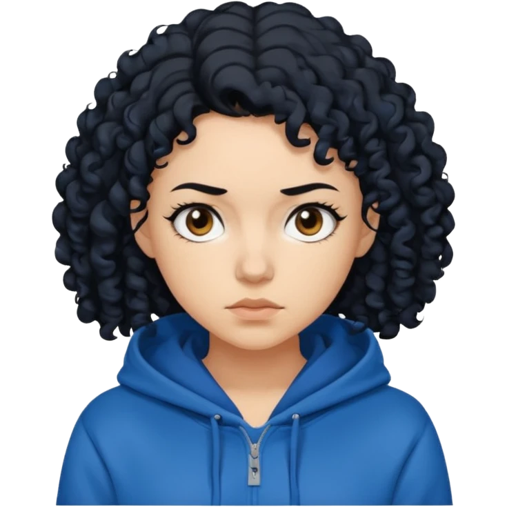 A woman with curly black hair, wearing a blue-black hoodie, and a slightly serious expression on her face. emoji