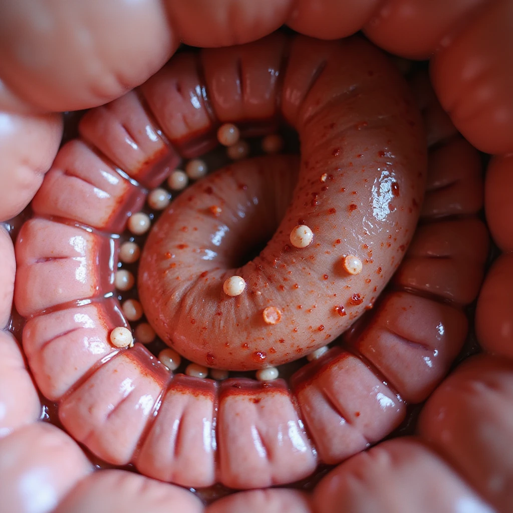 close-up of inflamed area of intestinal wall with presence of parasite eggs, microscopic details, hyperrealism, 4K emoji